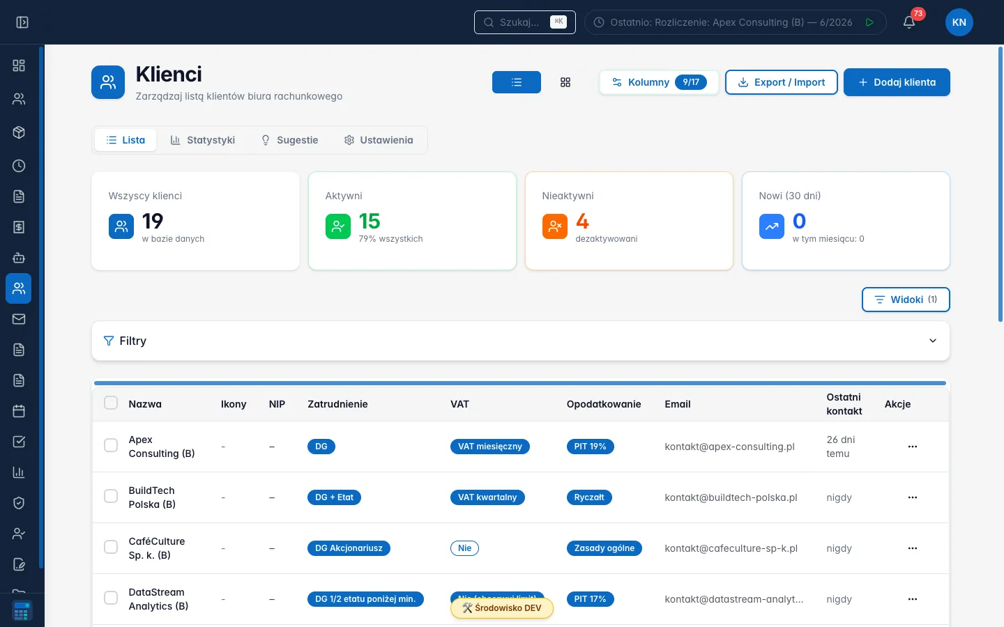 Baza klientów AppTax: statusy VAT, formy opodatkowania, ostatni kontakt