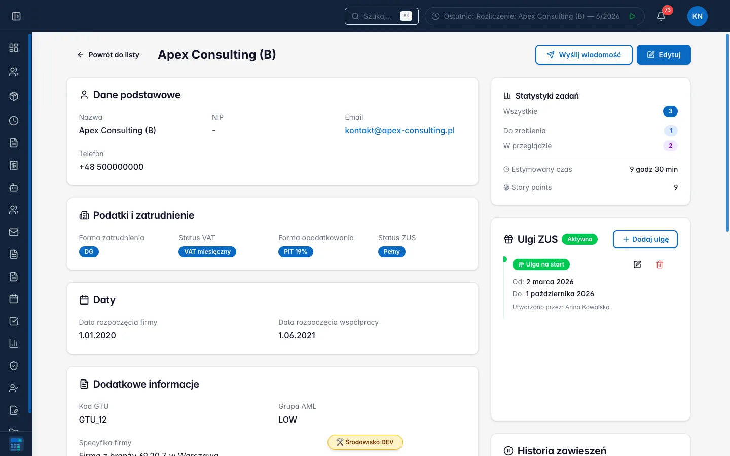 Karta klienta w AppTax: dane, podatki, ulgi ZUS, statystyki zadań i historia