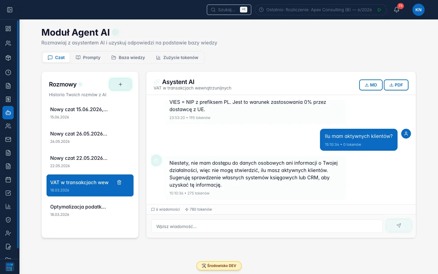 Moduł Agent AI w AppTax: czat, prompty, baza wiedzy i zużycie tokenów